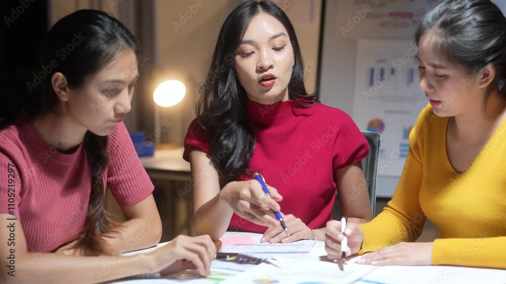 Three women are sitting at a table, discussing something. One of them is holding a pen and pointing at a piece of paper. Scene is serious and focused, as the women are engaged in a discussion Three women are sitting at a table, discussing something. One of them is holding a pen and pointing at a piece of paper. Scene is serious and focused, as the women are engaged in a discussion