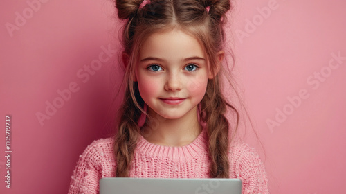 Vibrant portrait of teen in pink outfit holding sleek netbook AI generative photo