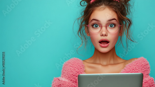 Teenage girl with netbook, cyan background, pink outfit vibes AI generative. photo