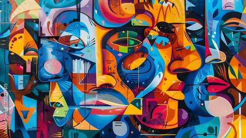 Wallpaper Mural A vibrant street art mural on a city wall featuring bold colors and intricate designs that tell a story of urban culture and creativity Torontodigital.ca