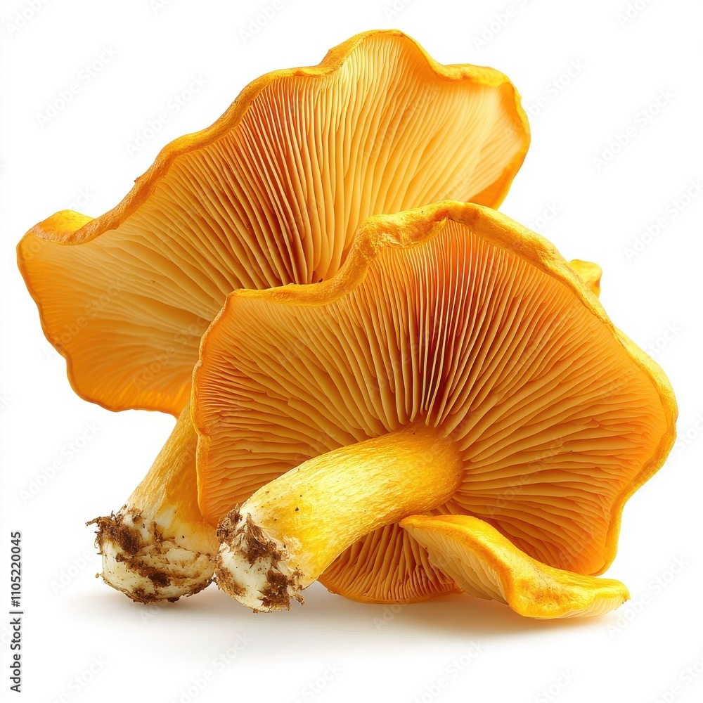 Golden chanterelle mushrooms with detailed gills isolated on white background Golden chanterelle mushrooms with detailed gills isolated on white background