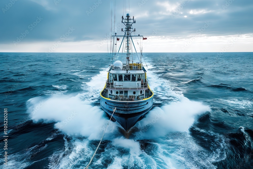 Obraz premium Powerful Commercial Fishing Vessel Navigating Stormy Seas
