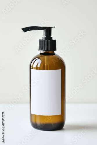 minimalist product mockup featuring a white pump bottle against a neutral background.