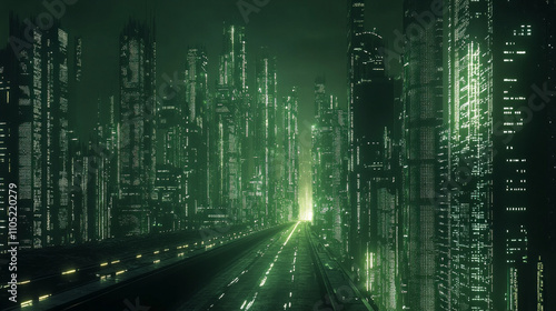 Dark green futuristic city with glowing road and modern design AI generative. photo