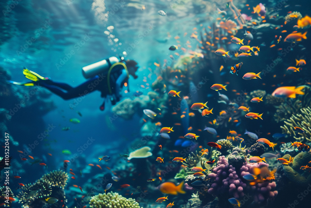 Naklejka premium Beautiful diver goes on an underwater adventure in frighteningly deep sea