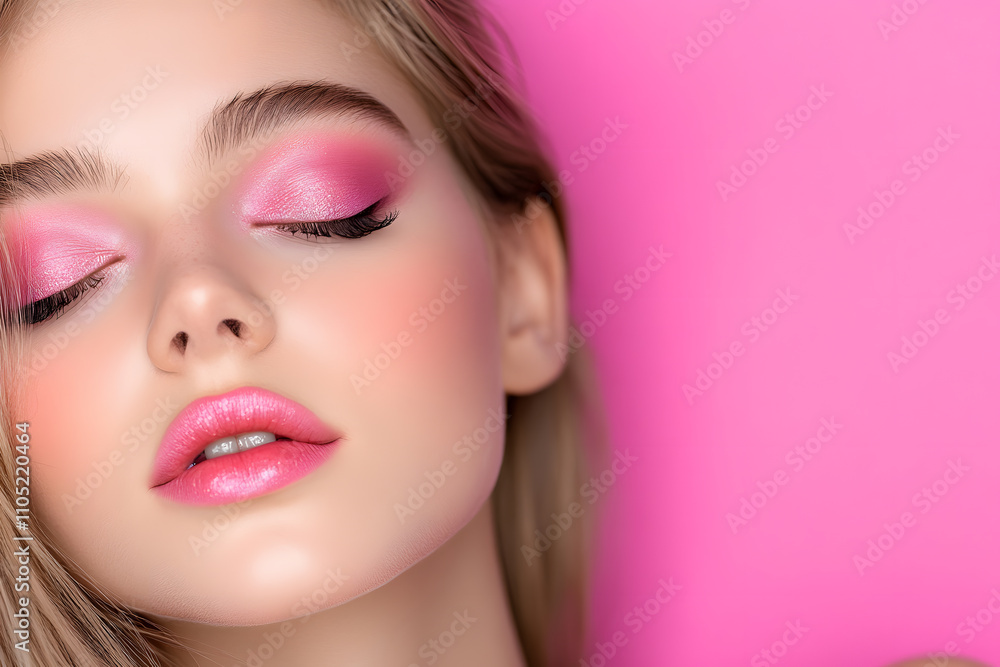 Beauty portrait of a female model with pink makeup studio fashion photography vibrant colors close-up glamour concept Beauty portrait of a female model with pink makeup studio fashion photography vibrant colors close-up glamour concept