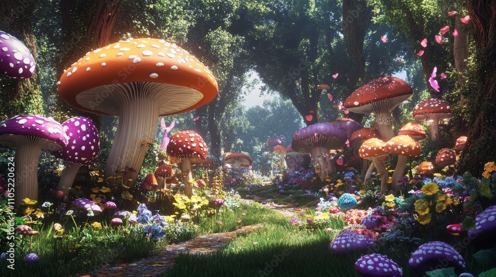 Vibrant Fantasy Garden with Colorful Mushrooms Vibrant Fantasy Garden with Colorful Mushrooms