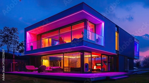 Modern villa with colored led lights at night.