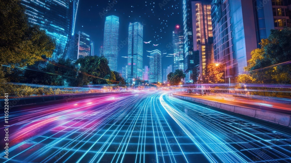 Fototapeta premium High-tech urban center in 2025, skyscrapers with glowing neon lines, flying cars leaving light trails, a glowing grid-like pavement, futuristic ambiance