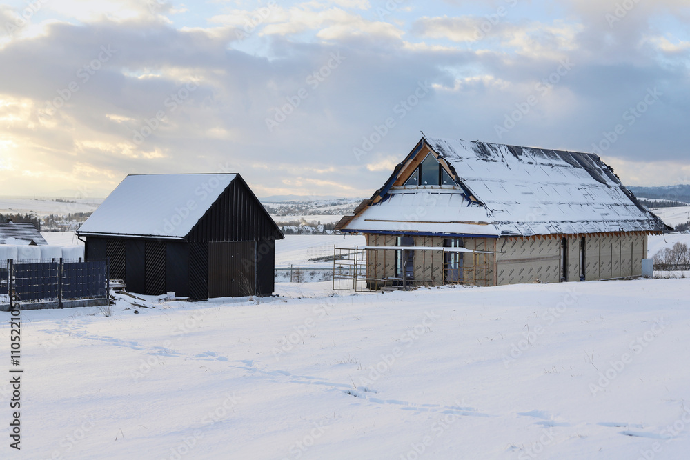 NOWY TARG, POLAND - NOVEMBER 21, 2024: New highland houses are built to be rented at very high prices to tourists coming on holiday. NOWY TARG, POLAND - NOVEMBER 21, 2024: New highland houses are built to be rented at very high prices to tourists coming on holiday.