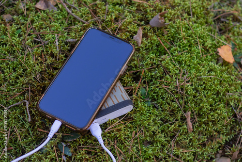 A portable charger charges the smartphone. Power Bank with cable in the forest.