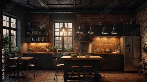Industrial-style kitchen with exposed brick walls