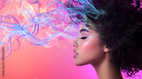 Creative portrait of woman with colorful hair emission studio photography artistic environment profile view beauty concept