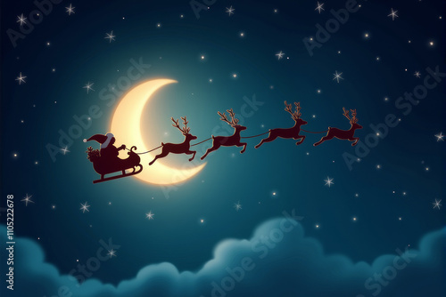 Santa Claus soaring through the night sky in his sleigh, pulled by reindeer, delivering Christmas gifts to children around the world.