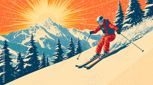 A retro-style illustration of a skier going down a snowy mountain slope with snow-covered pines and a bright winter sun above.