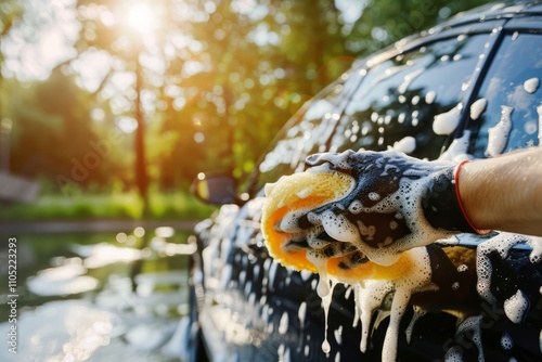 Close up hand wearing black glove using sponge and soap cleaning car exterior