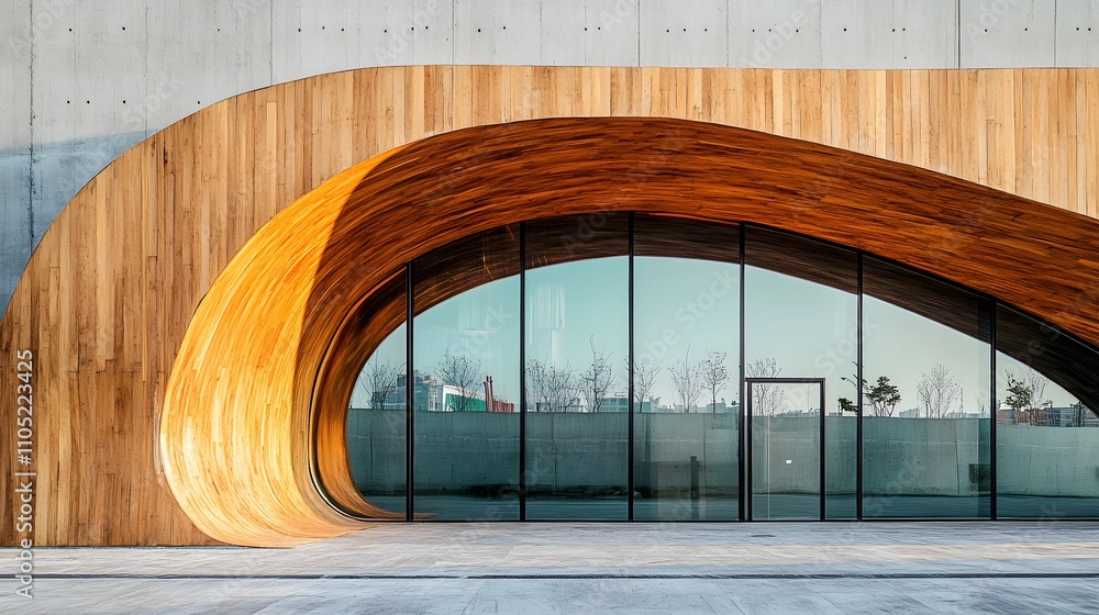 Obraz premium Modern Building Featuring Curved Wooden Exterior And Glass Windows
