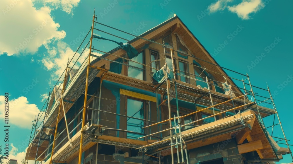 Exterior view of a new house in scaffolding under construction and painting.