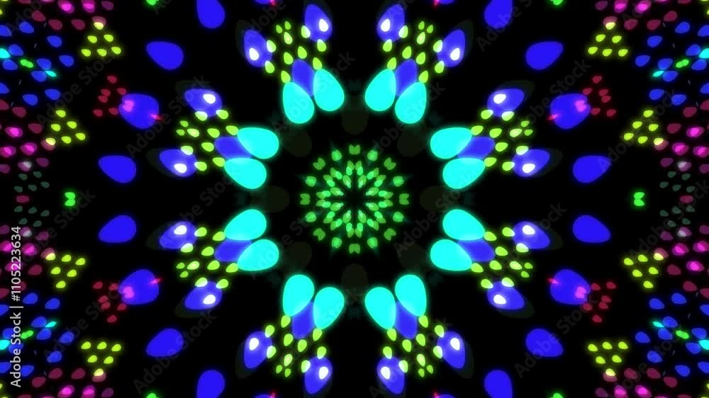 Neon Kaleidoscope: A vibrant, symmetrical pattern of glowing teardrop shapes. Neon Kaleidoscope: A vibrant, symmetrical pattern of glowing teardrop shapes.