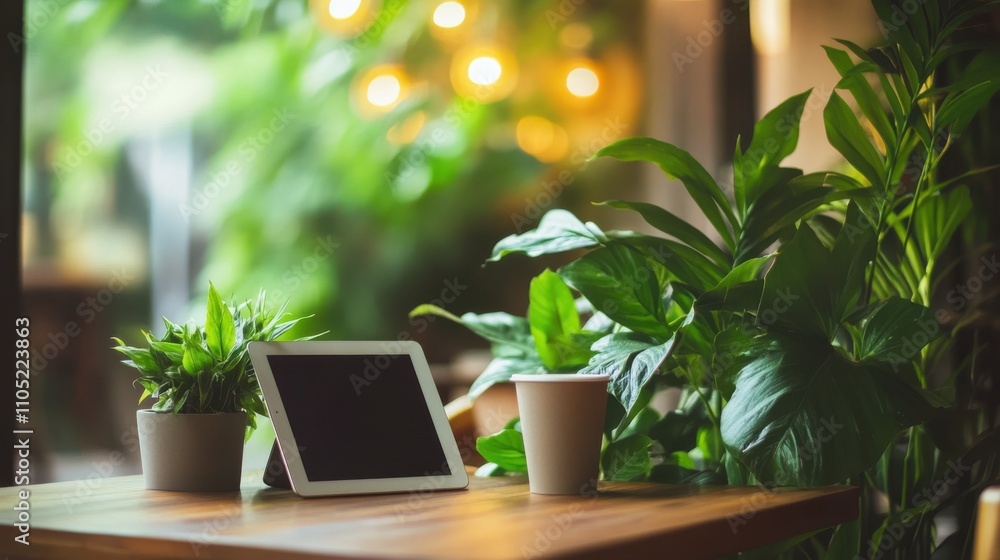 focused on tablet at wooden table, warm lighting focused on tablet at wooden table, warm lighting
