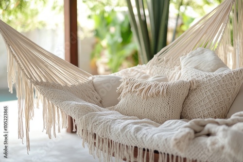 hammock bohemian style fringe details cream colored woven cotton, wooden support bars cozy comfort relaxation outdoor living photo