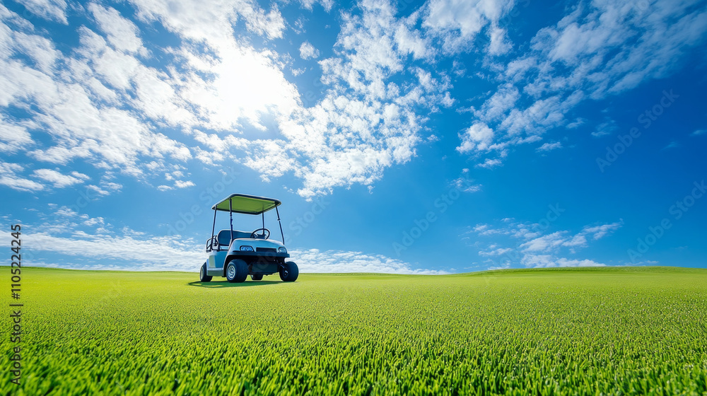 A golf cart is parked in a grassy field A golf cart is parked in a grassy field