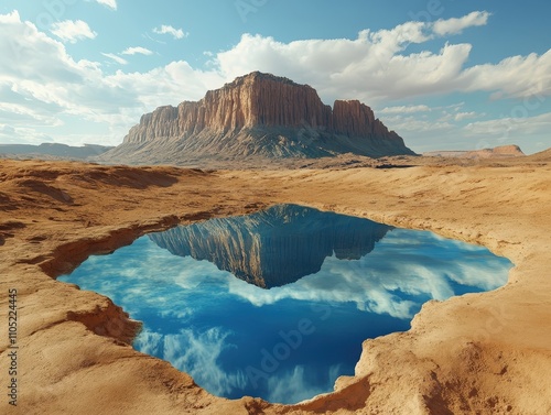 A stunning desert landscape featuring a serene water pool reflecting the majestic mountain under a clear blue sky. photo