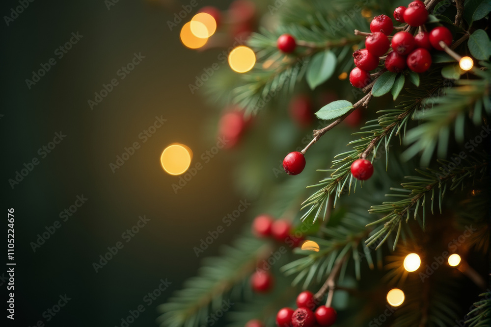 A festive Christmas scene with a wooden table adorned with a garland of pine branches, red bows, pine cones, and fairy lights against a warm, bokeh background. A festive Christmas scene with a wooden table adorned with a garland of pine branches, red bows, pine cones, and fairy lights against a warm, bokeh background.
