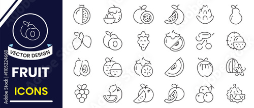 Set of outline fruit icons, vector set. Fruit icon, set design. Containing apple, watermelon, coconut, avocado banana, strawberry, orange, lemon icons. Stroke fruit icon collection outline icon. 