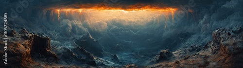 A stunning landscape capturing the interplay of light and shadow in a surreal cave, with a glowing horizon at dusk.