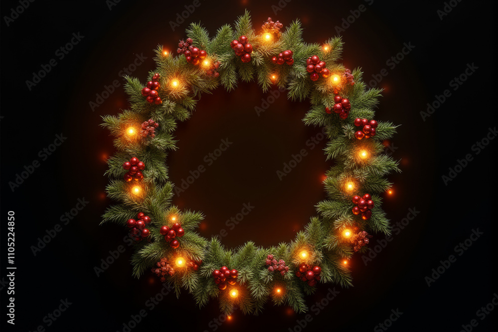 A festive Christmas wreath adorned with red ornaments and warm fairy lights, hanging against a dark background. A festive Christmas wreath adorned with red ornaments and warm fairy lights, hanging against a dark background.