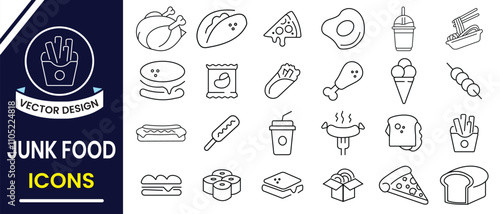 Junk food line icon, Fast food line icons, vector.  Food vector design.  Street food, Flat design of fast food and junk food vector on white background. Vector illustration.