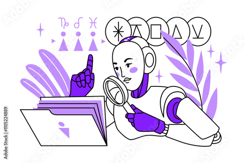 Artificial intelligence in the form of a robot selects a partner for compatibility by zodiac signs. Search for a couple to create a family. Astrological chat bot. Vector illustration.