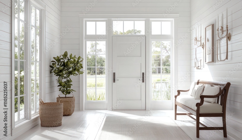 Light-filled farmhouse entryway with double doors, a bench, and natural wood accents. Light-filled farmhouse entryway with double doors, a bench, and natural wood accents.