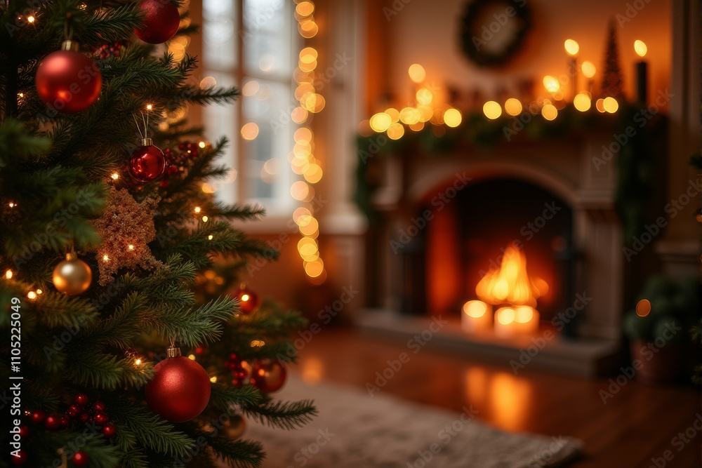 A cozy Christmas scene with a beautifully decorated tree and a warm fireplace. A cozy Christmas scene with a beautifully decorated tree and a warm fireplace.