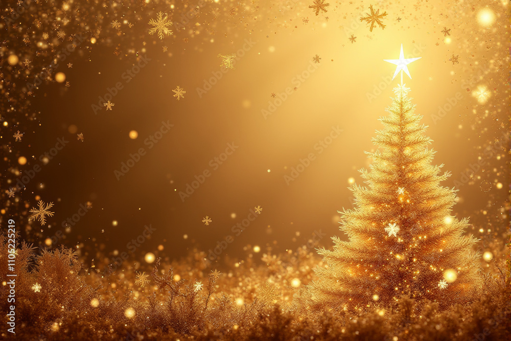 A sparkling golden Christmas tree adorned with a star, surrounded by a shimmering background of snowflakes and twinkling lights. A sparkling golden Christmas tree adorned with a star, surrounded by a shimmering background of snowflakes and twinkling lights.