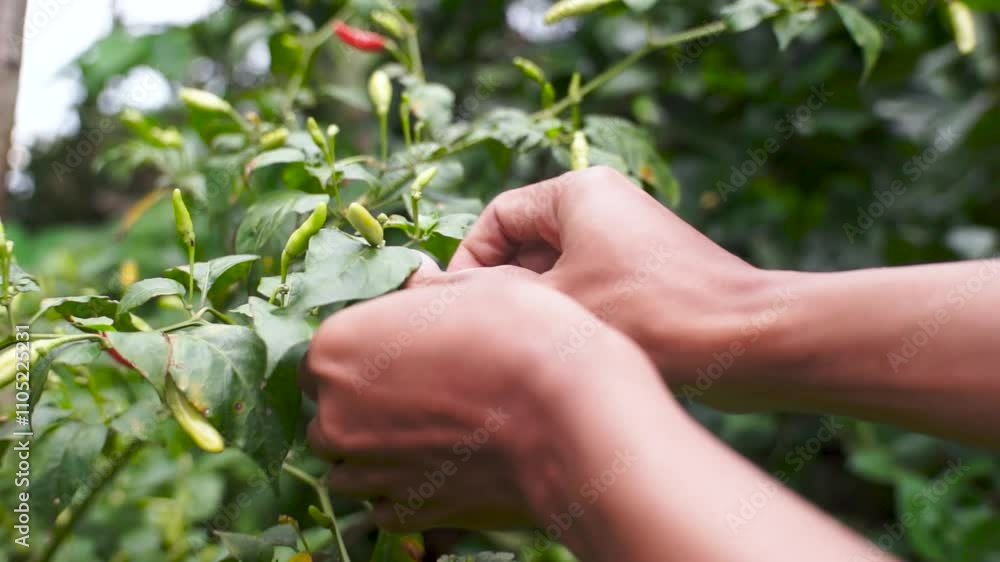 picking fresh chilies directly from the tree for kitchen spices picking fresh chilies directly from the tree for kitchen spices