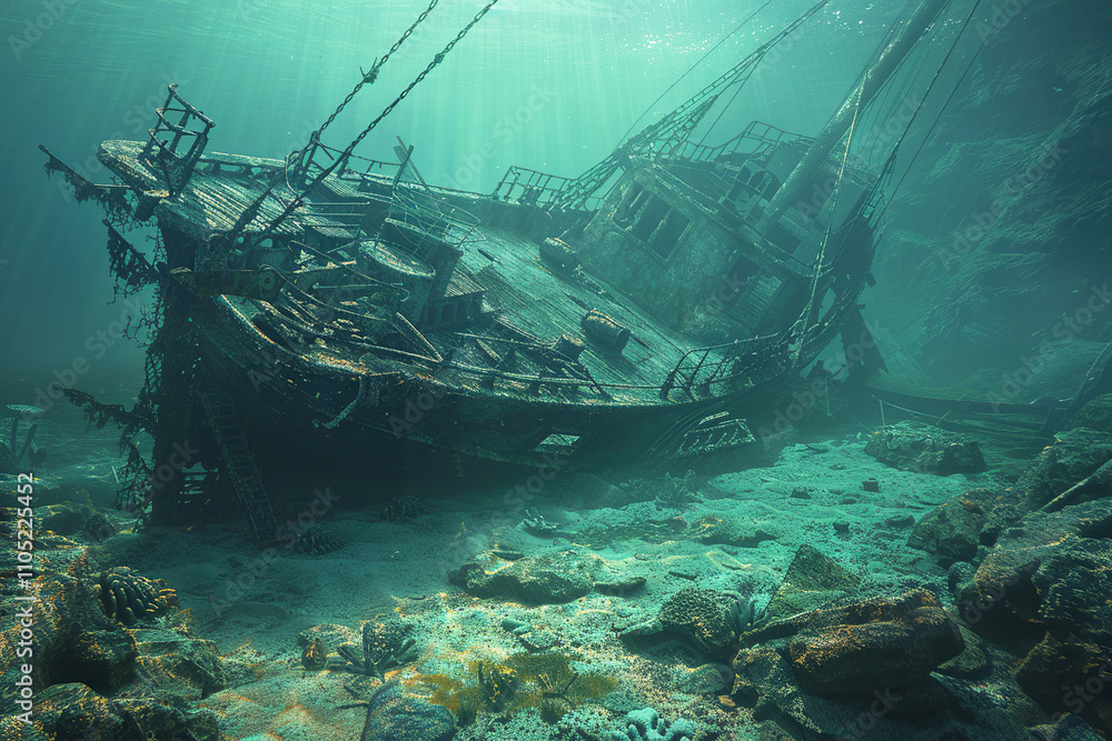 Underwater view of an sunken ship on seabed with fish swimming around Underwater view of an sunken ship on seabed with fish swimming around