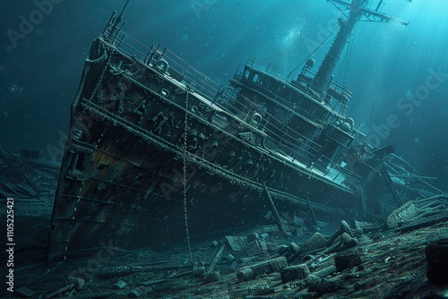 Underwater view of an sunken ship on seabed with fish swimming around