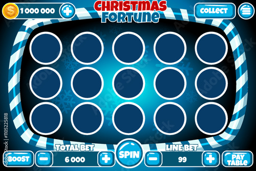 Casino slot machine, game UI design, gambling mobile app concept for the Christmas or candy themed Casino Game. The slot game user interface with basic buttons in blue color