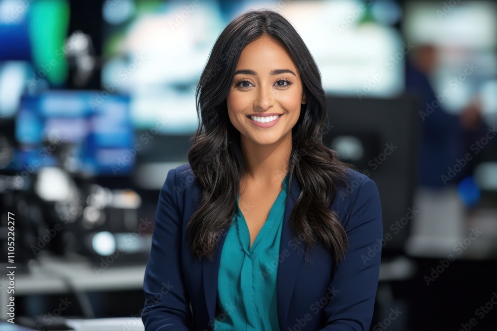 Naklejka premium News anchor professional woman dark hair confident smile navy blue blazer teal blouse television studio