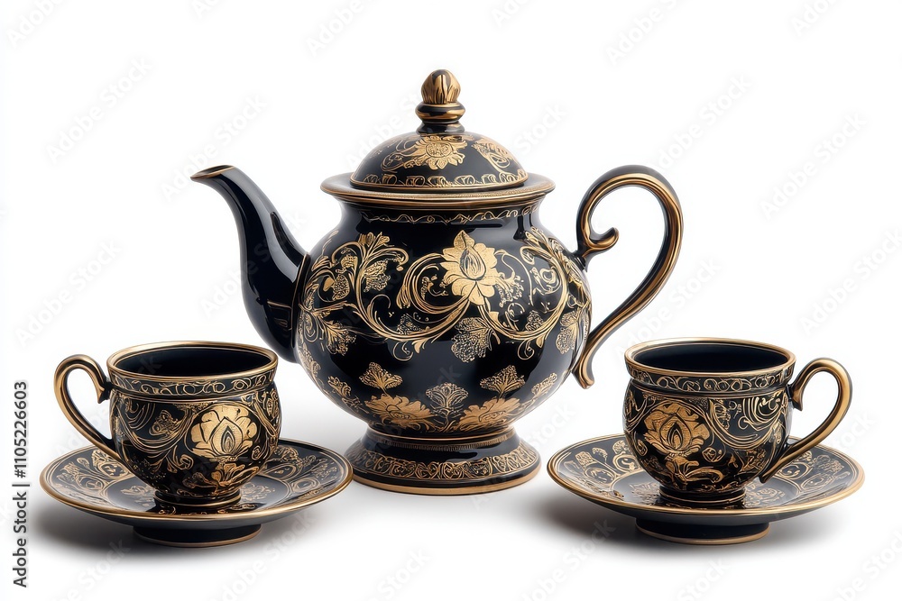 Ornate black and gold ceramic tea set with teapot and teacups Isolated on a white background Ornate black and gold ceramic tea set with teapot and teacups Isolated on a white background