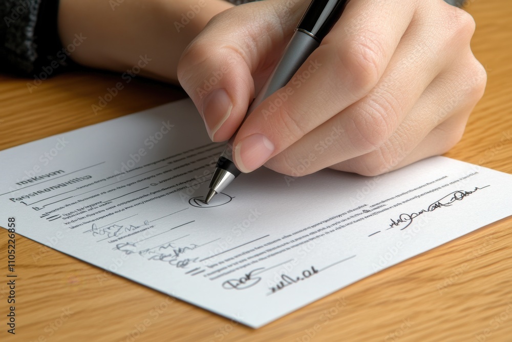 Person hands and writing with signature on contract for insurance application or legal agreement on wooden table Person hands and writing with signature on contract for insurance application or legal agreement on wooden table