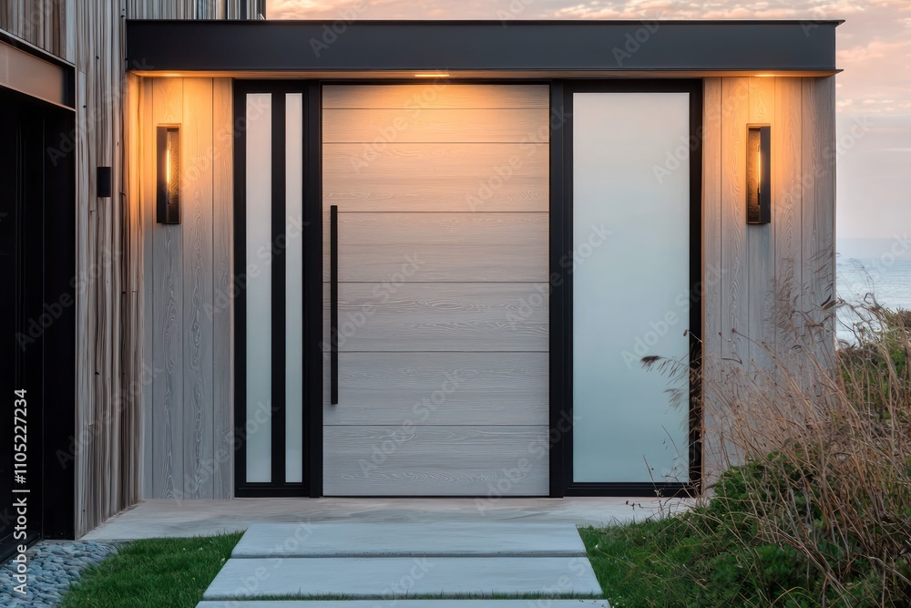 Light grey wood door with black trim, frosted glass sidelight, and minimalist entrance. Light grey wood door with black trim, frosted glass sidelight, and minimalist entrance.