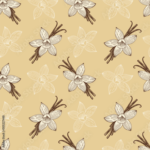 Beige pattern with vanilla spice, contour flowers and sticks on light yellow background.