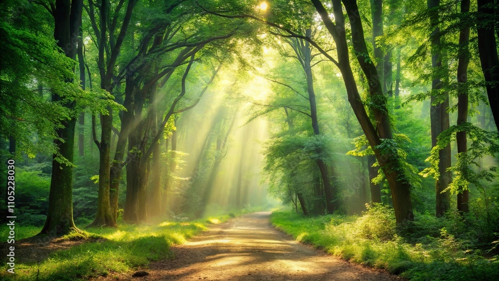 Fototapeta premium Sunlit Path Through a Mystical Forest of Lush Greenery