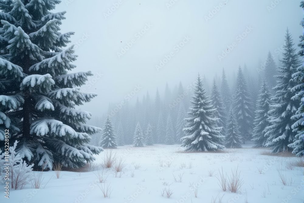 Fototapeta premium A serene winter wonderland with snow-covered pine trees and a gently falling snowfall.