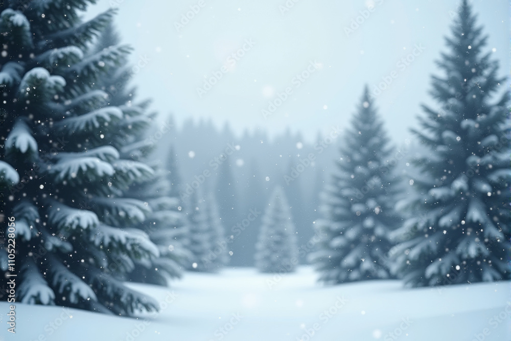 Obraz premium A serene winter wonderland with snow-covered pine trees and a gently falling snowfall.