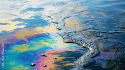 Close-up of oil droplets on the water surface creating colorful rainbow patterns. Environmental protection,scientific research,environmental pollution, sustainable development, natural resources photo