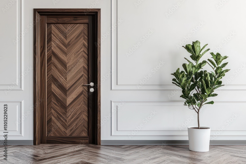 Dark walnut herringbone door with white walls and minimal decor.